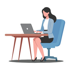 vector business woman with working laptop