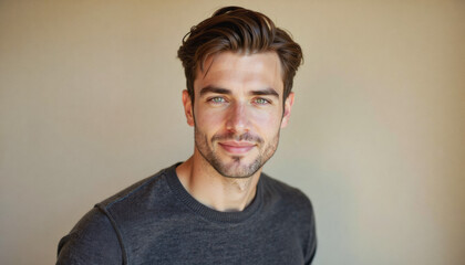Obraz premium A portrait headshot photo of a friendly professional CEO executive business worker: A handsome man with a short beard and styled hair confidently gazes forward against a neutral beige background.