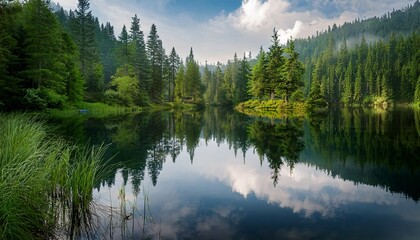 Fototapeta premium serene green forest lake reflection tranquil nature landscape photography