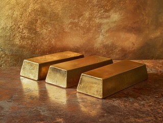 Three lustrous gold bars resting on a textured surface, reflecting light and exuding wealth and prosperity, against a bronze-colored background.