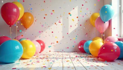 Colorful balloons and confetti fill a bright room , party decorations, confetti, joyful scene