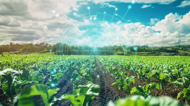 An AI powered smart farming system using sensors and drones to monitor crop health and optimize irrigation in a large agricultural field, Precision agriculture style, photo of