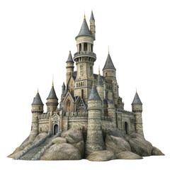 Fototapeta premium 3D render of a magical fantasy castle, isolated on a white background, png