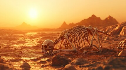 Concept of Famine and Drought, Wild Animal Skeleton in Desert Landscape 