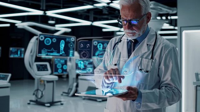 Experienced medical professional interacts with holographic interface, navigating patient data and medical scans within modern hospital setting