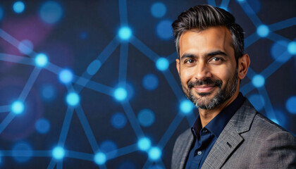 A portrait headshot photo of a friendly professional CEO executive business worker: A smiling, well-groomed man with a beard confidently gazes at the viewer against a dynamic background of interc