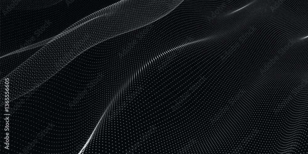 Poster futuristic dot wave. abstract digital particle wave. black and white music wave. dark background. di