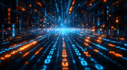 Obraz premium Digital Data Stream Flowing with Binary Code and Blue Light Focus