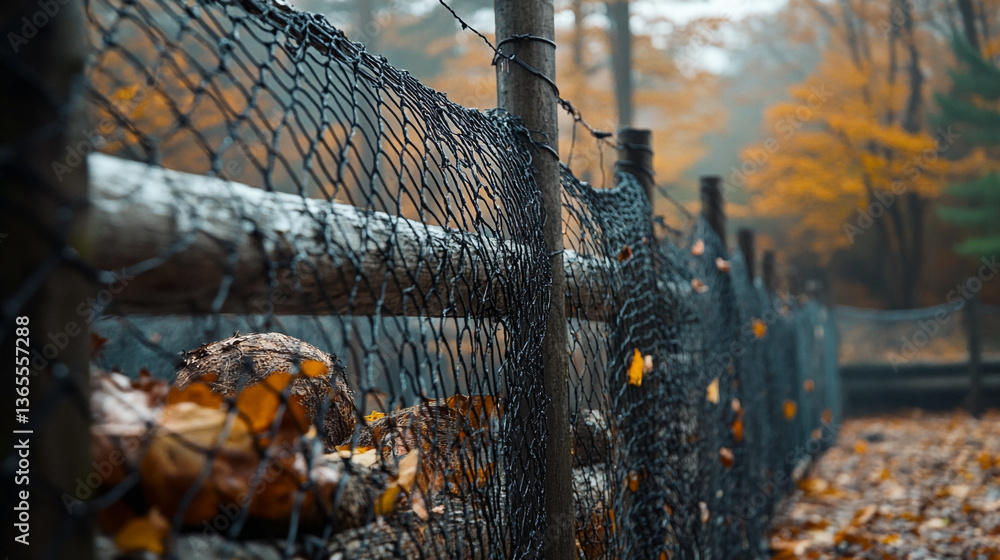 Poster a rustic wooden fence with netting in an autumn forest landscape with fallen leaves and trees