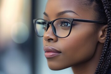 Fototapeta premium Thoughtful young woman with braided hair and glasses in an urban setting, showcasing confidence and style, perfect for lifestyle promotions and individuality