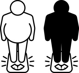 Body Weight Icons. Black and White Vector Illustration. Fat Man Standing On Scales. Measuring Weight. Healthy Lifestyle. Nutrition Concept