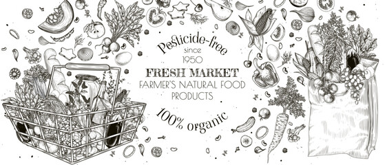 Vector illustration for market. Metal basket and paper bag with food with scattered ingredients. Template for grocery store with vegetables and fruits. Farm products banner in engraving style