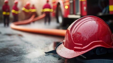Firefighter Helmet on Wet Ground with Crew in Background