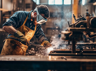 
A man in overalls and an apron is welding metal parts at the factory. He wears protective glasses and gloves on his hands. In front of him, there's a workbench with tools such as pliers, a huge elect