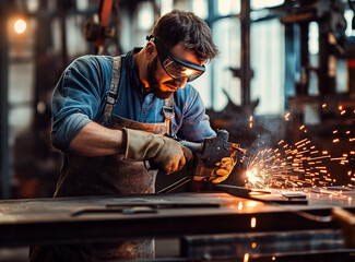 
A man in overalls and an apron is welding metal parts at the factory. He wears protective glasses and gloves on his hands. In front of him, there's a workbench with tools such as pliers, a huge elect