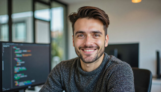 A portrait headshot photo of a friendly professional CEO executive business worker: A smiling young man with dark hair and a beard sits at a desk in front of a computer displaying code, radiating