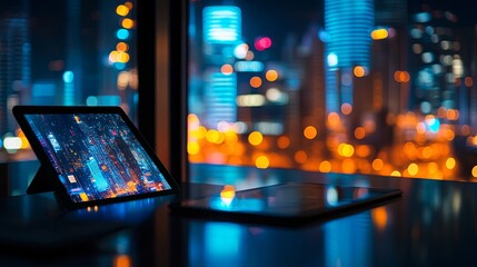 High-Tech Tablet with Holographic City Model Overlooking Urban Skyline at Night