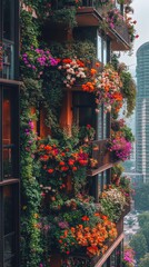 Balcony covered in cascading plants and blooming flowers, standing out against the urban landscape 