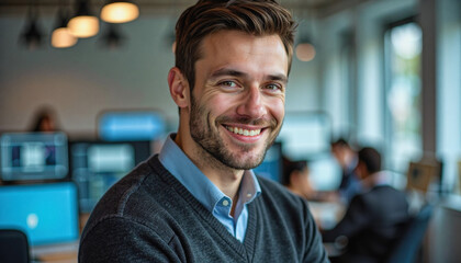 Obraz premium A portrait headshot photo of a friendly professional CEO executive business worker: A smiling young man with a beard sits indoors, looking directly at the camera with a friendly expression, while