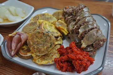 Korean Traditional Dish with Squid Sundae and Assorted Pancakes