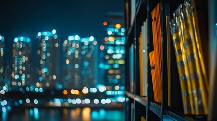 Law Firm File Shelves with Blurred City Skyline at Night