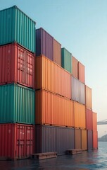 Fototapeta premium vibrant gradient-colored shipping containers stacked in a serene sea port, arranged with geometric precision and soft lighting for a modern digital art aesthetic