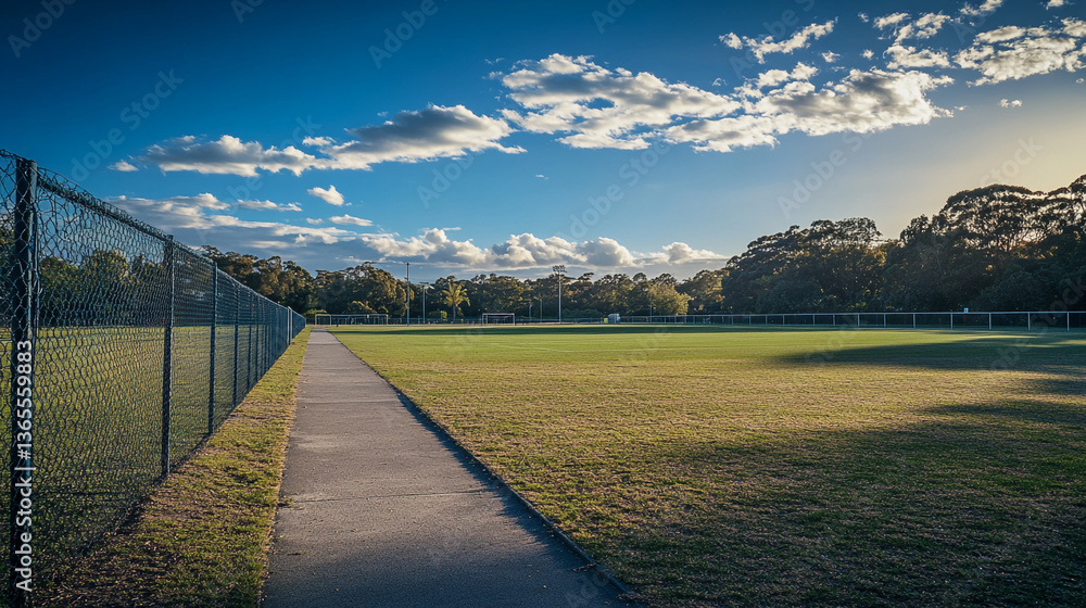 Poster a view of a sports field with a fence and a path under a partly cloudy blue sky in the daytime