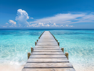 Wooden pier extending into the turquoise ocean with clear blue skies and tropical landscape in the Maldives