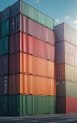 vibrant gradient-colored shipping containers stacked in a serene sea port, arranged with geometric precision and soft lighting for a modern digital art aesthetic