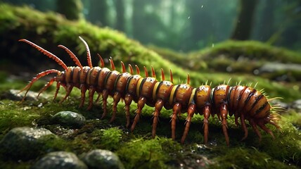 Obraz premium Ultra-HD 3D rendering of a centipede crawling over mossy ground, segmented body detailed
