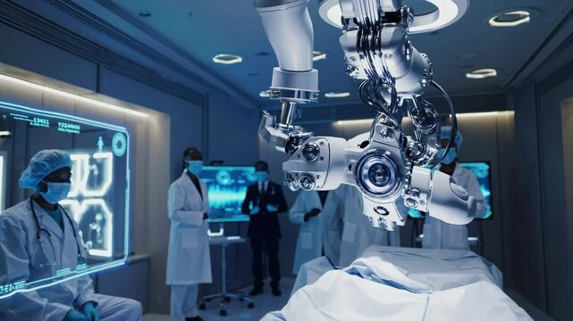 Precision driven robotic arm navigating complex surgical procedure, advanced medical team monitoring holographic patient data in cutting edge operating theater