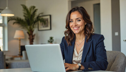 Naklejka premium A portrait headshot photo of a friendly professional CEO executive business worker: A smiling businesswoman with long brown hair sits at a table working on a laptop in a bright, modern living roo