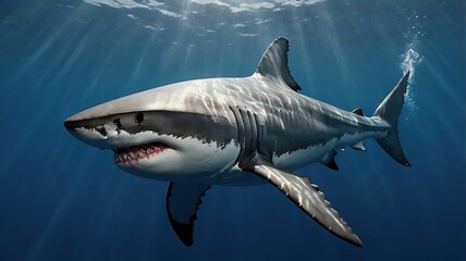 Naklejka premium Ultra-realistic 3D render of a great white shark swimming in deep blue ocean, teeth bared