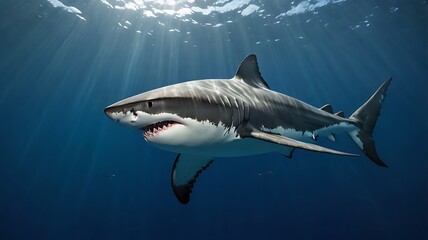 Obraz premium Ultra-realistic 3D render of a great white shark swimming in deep blue ocean, teeth bared