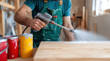 man in workshop using airless paint sprayer on wood, showcasing craftsmanship and focus