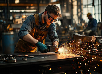
A young man in overalls and glasses is using an angle grinder to cut metal at the factory, sparks flying from under his hands. In front of him, there is a black table with various parts for a pond pu