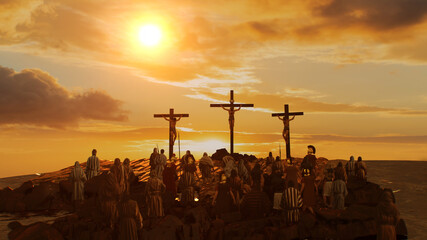 Golgotha crucifixion of Jesus Christ, large crowd watching the crucifixion 3D render