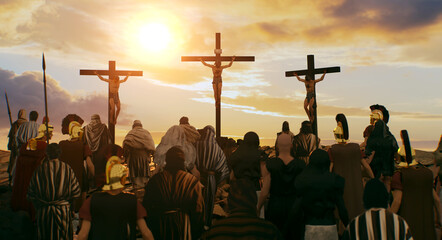 Golgotha crucifixion of Jesus Christ, large crowd watching the crucifixion 3D render