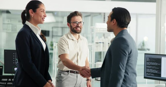Business people, handshake and happy for meeting at office for deal at pharmaceutical company. Woman, men and shaking hands with welcome, introduction and smile with partnership for production