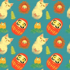 Obraz premium Traditional Japanese Icons on Blue Wave Background