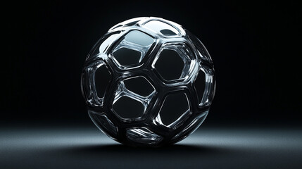 Naklejka premium A futuristic sphere with hexagonal openings made of a shiny material on a dark reflective surface