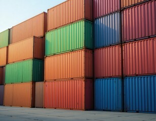 Fototapeta premium vibrant gradient-colored shipping containers stacked in a serene sea port, arranged with geometric precision and soft lighting for a modern digital art aesthetic