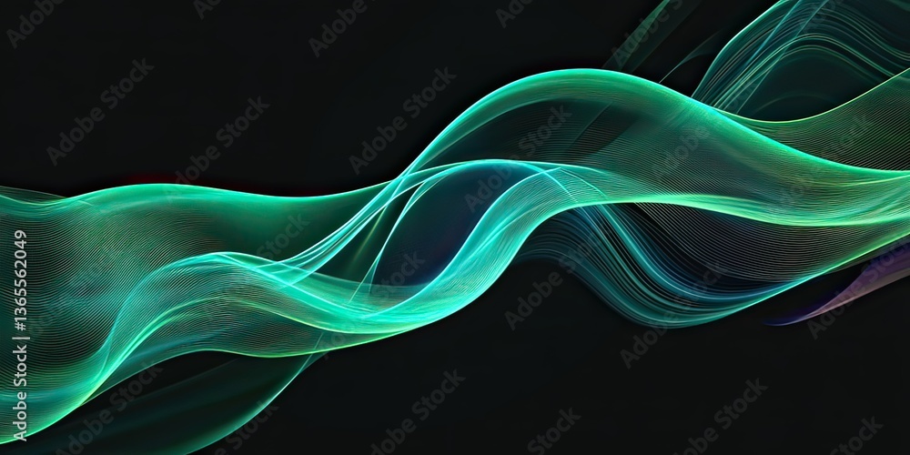 Poster dynamic green and blue wave design on dark backdrop digital rendering, created by ai generated