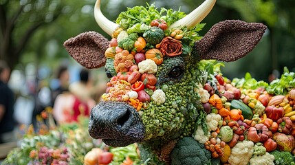 Colorful Vegetable Cow Sculpture Representing Creativity in Culinary Art at Vibrant Food Festival