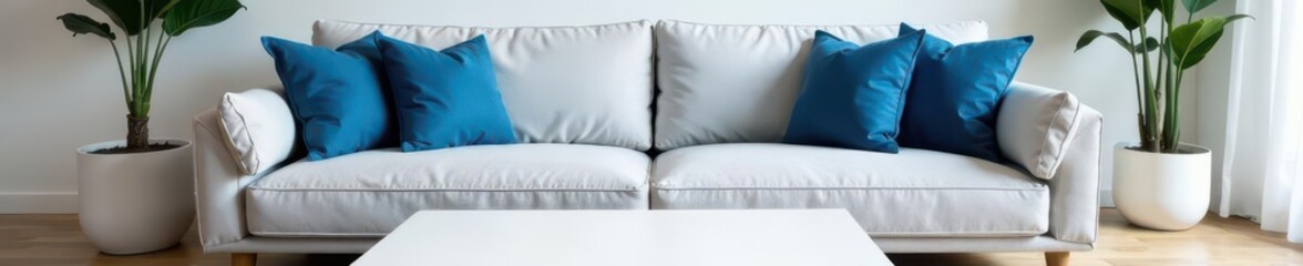 Soft grey sofa, blue pillows, white coffee table, modern living room , furniture, room