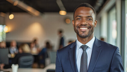 A portrait headshot photo of a friendly professional CEO executive business worker: A smiling Black businessman in a navy suit confidently poses indoors with a blurred restaurant background.
