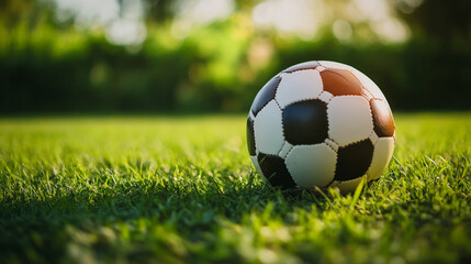 Obraz premium A soccer ball on green grass field in the sunlight ready for a game or practice session outdoors
