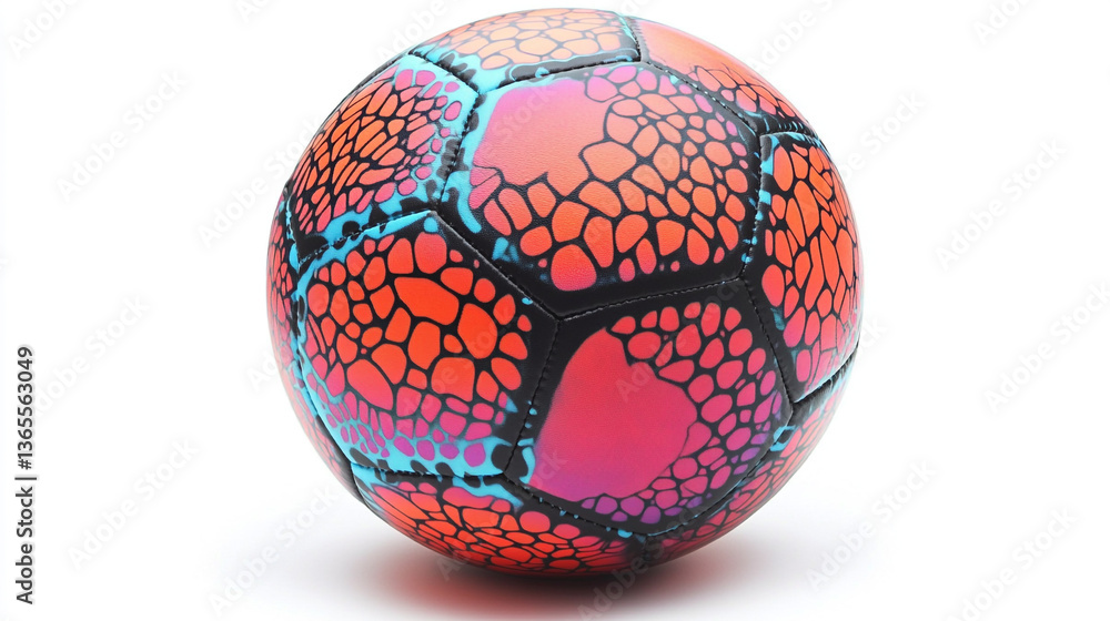 Poster close up of a colorful soccer ball with a unique pattern on a white background in studio lighting