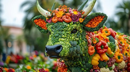 Colorful Vegetable Cow Sculpture Representing Creativity in Culinary Art at Vibrant Food Festival