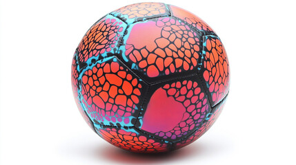 Close up of a colorful soccer ball with a unique pattern on a white background in studio lighting